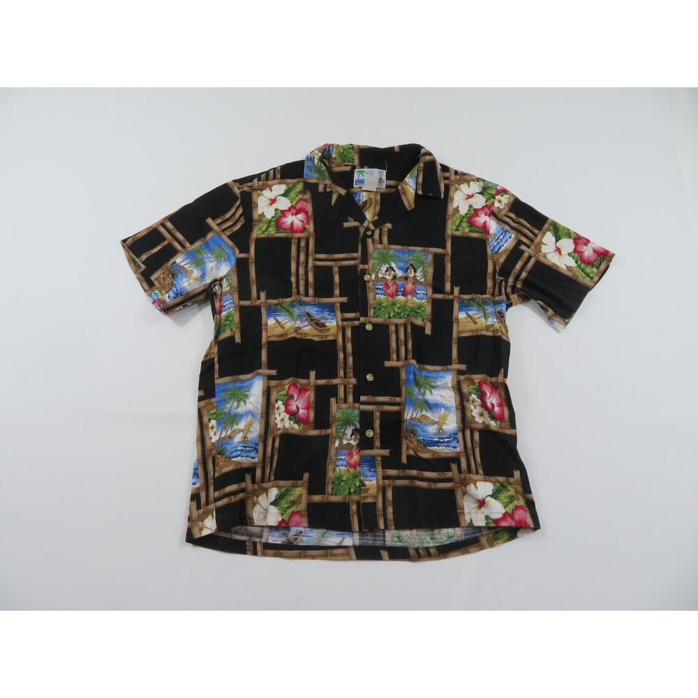 RJC Hawaiian Shirt, Camp Aloha, Cotton, Black Brown Sz M 1990s
